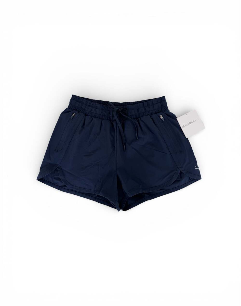 Beyond Yoga Women's Navy Mid-Waist Athletic Running Shorts with Zip Pockets